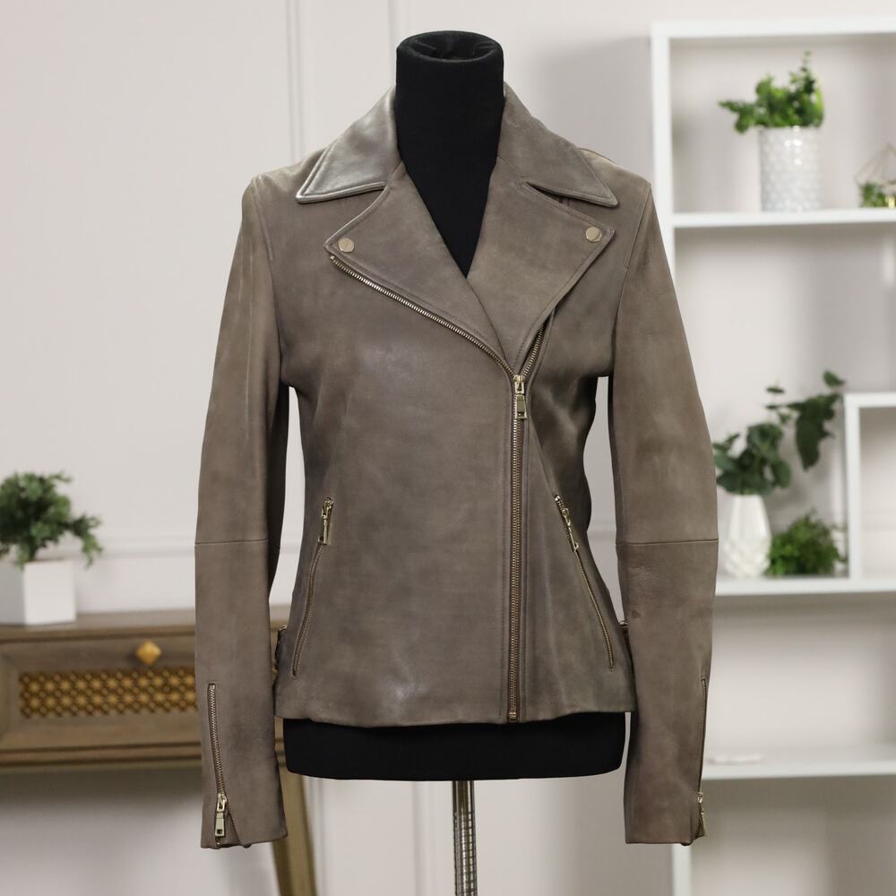 Nwot Y2k Vintage Elie Tahari Genuine 100% Lamb Leather Moto Jacket Olive 94468